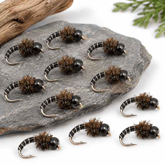 Black 22 Size Zebra Midge Fly Fishing Flies 12 Pack Trout Wet Nymph Tackle