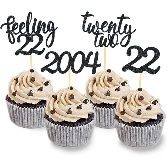 Black 22nd Birthday 2004 Glitter Cupcake Toppers, 12pcs Feeling 22 Twenty Two Cupcake Picks for 22nd Birthday Party Decorations
