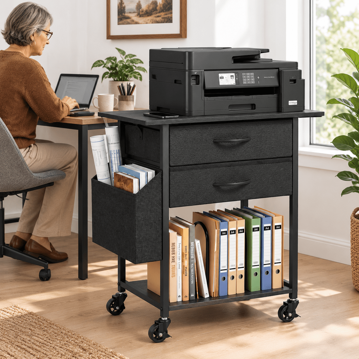 Black 23.7'' H Printer Stand with Storage Rolling Table for Office Home ...