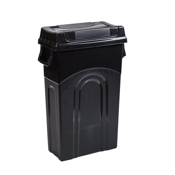 Black 23 Gallon Slim Plastic Waste Bin Swing Lid Built-In Dustpan Edge Vented Body Dual Carry Handles 22.2510.8630in Indoor Outdoor