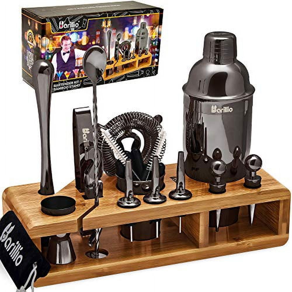Black Stainless Steel Bartender Kit with Bamboo Stand, 23-Piece