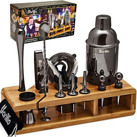 Black Mixology Bartender Kit Cocktail Shaker Set by Barillio: Drink Mixer Set with Bar Tools, Sleek Bamboo Stand, Velvet Carry Bag & Recipes Booklet Black
