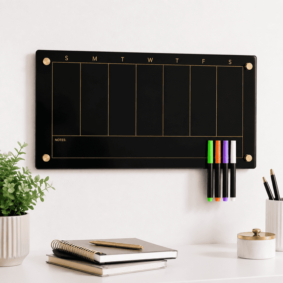 Black 23"W x 9.5"H Frameless Tempered Glass Weekly Dry Erase Calendar Board