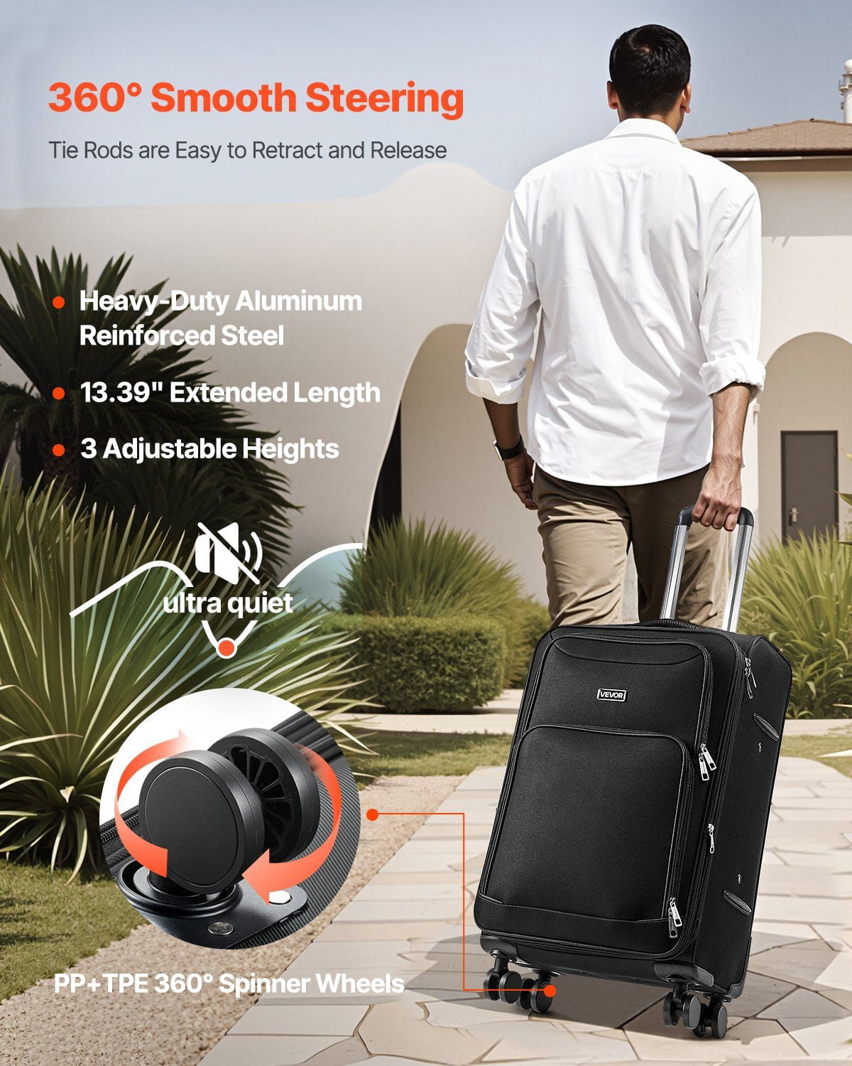 Black 24-Inch Expandable Checked Suitcase with 4 Smooth Spinner Wheels for Airlines