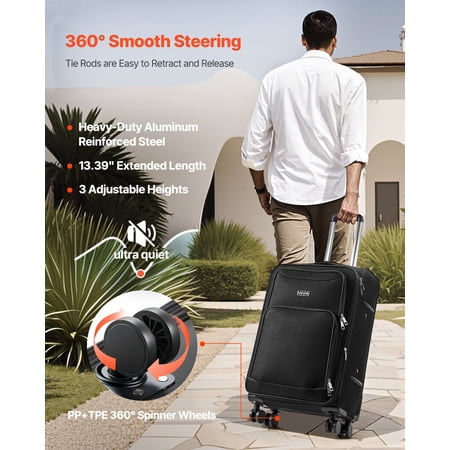 Black 24-Inch Expandable Checked Suitcase with 4 Smooth Spinner Wheels for Airlines