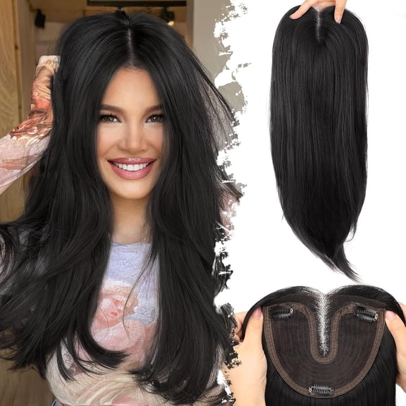 Black 24 Inch Synthetic Hair Topper with Wispy Bangs for Women with Thinning Hair