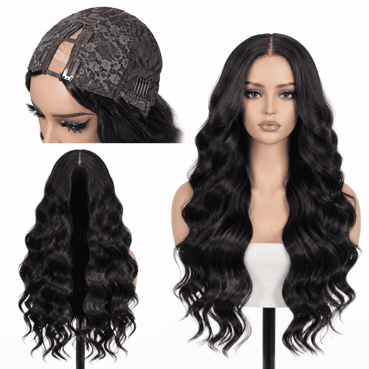 Black 24 Inch Synthetic V Part Body Wave Wig For Women Everyday Style ...