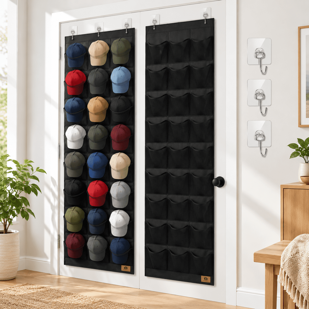 Black 24-Pocket Oxford Cloth Hat Organizer, Over Door Visible Cap ...