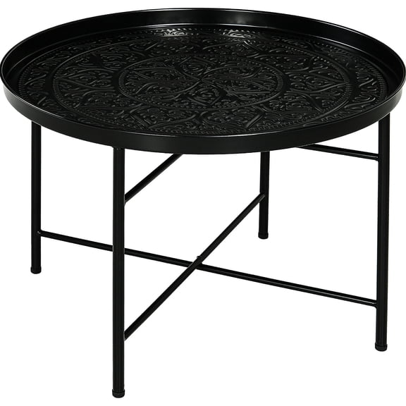 Black 24" Round Side Table, Solid Structure, Floral Hammered Pattern - A Convenient Table for Any Room