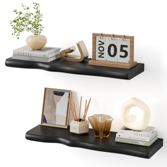 Black 24inch Solid Pine Live Edge Floating Shelves Set of 2 for Bathroom Kitchen Living Room