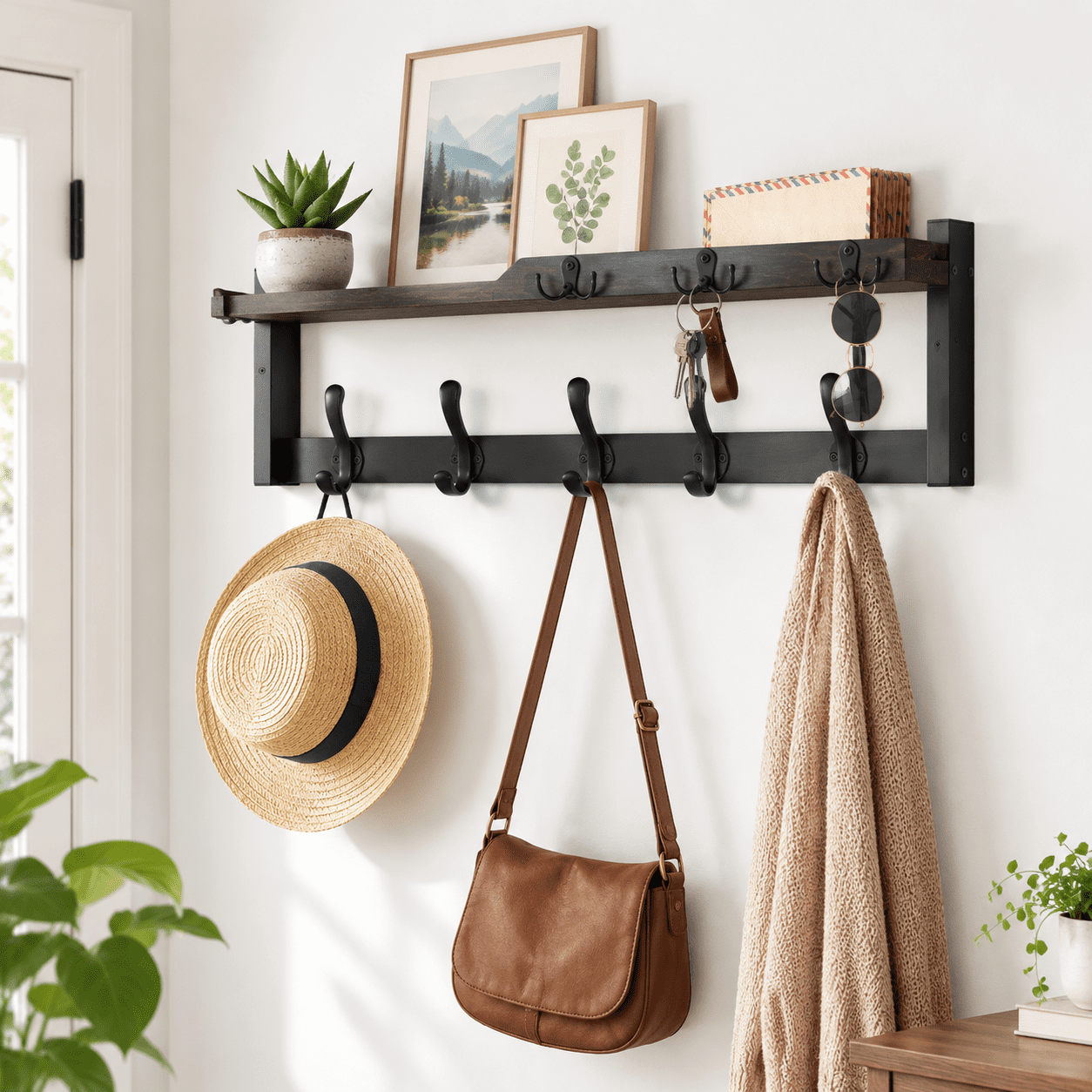 Black 25.2 Inch Long 4-in-1 Wall Mount Coat Rack with Key Holder and ...