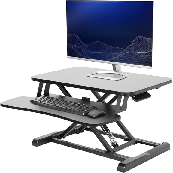 Black 26 in Standing Desk Converter | Height Adjustable, Stand Up Desk Riser, Wide Keyboard Tray, Dual Monitor and Laptop Workstation
