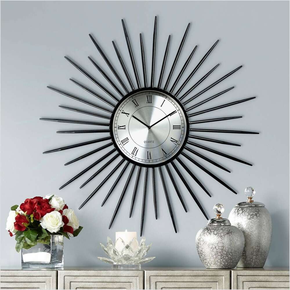 Black and Silver 31" Round Metal Sunburst Wall Clock