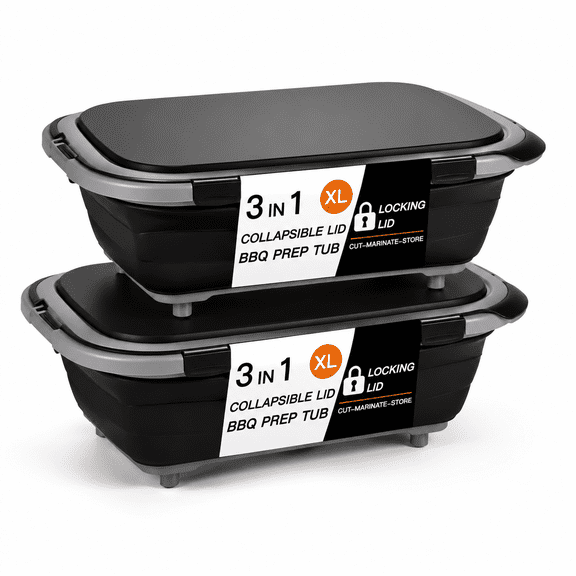 Black-2PC 2-Pack XL Collapsible Food Storage Prep Tub with Stainless Steel and Locking Lid