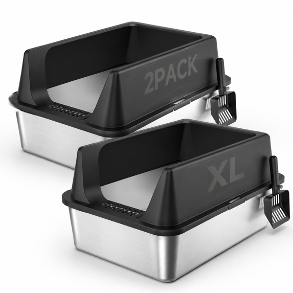 Black-2Pack XL Stainless Steel Cat Litter Box with High Sides