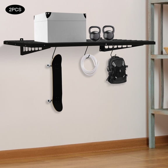 Black 2Pcs 24*48" Garage Shelving Garage Tool Storage Rack Wall Shelf W/ 6 Hooks