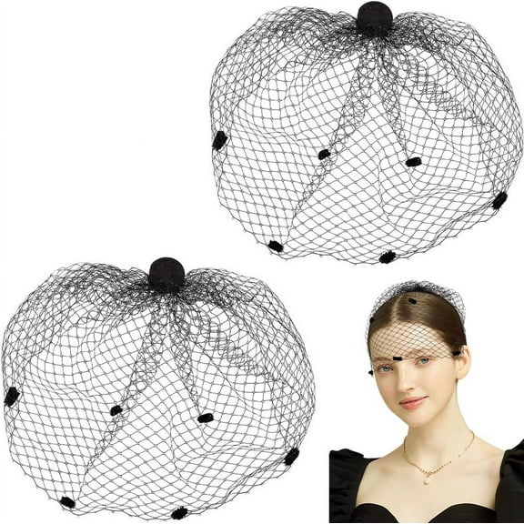 Black 2Pcs Fascinators Hat Vintage Flapper Headpiece Mesh Lace Veil Headdress with Small Ball for Bride Women Girls Cocktail Tea Party Wedding 20s 50s Black
