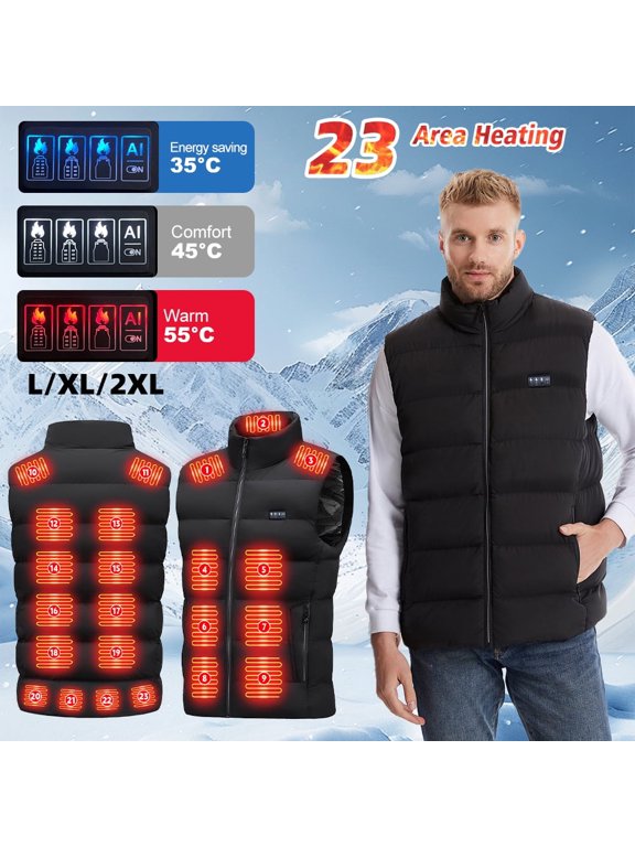 Black 2XL-size -23 heated zone men's and women's smart heating vest, USB electric heating vest, cotton jacket, black, winter warm jacket, outdoor activity heating vest jacket