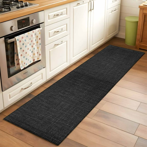 Black 2x6 Kitchen Runner Rug, Farmhouse Burlap Solid Black Color Modern Linen Texture Non-Skid Rubber Backing Large Rectangle Rugs - Living Room Bedroom Home Office, Indoor Floor Carpets Washable Rug