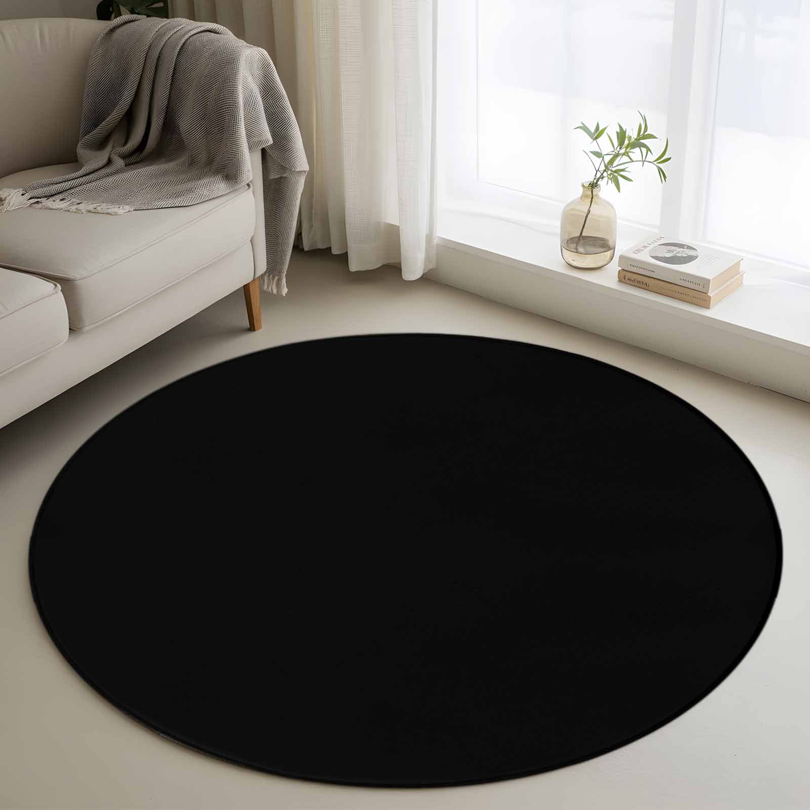 Black 3.3ft Round Rug, Farmhouse Solid Black Color Modern Art Non-Skid Rubber Backing Large Area Rugs - Living Room Bedroom Home Office, Indoor Floor Mat Carpets Washable Rug