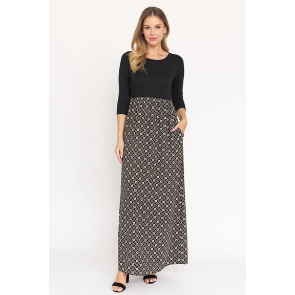 Black 3/4 Sleeve Contrast Tile Print Maxi Dress