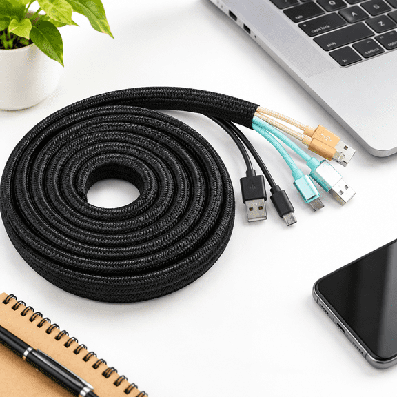 Black 3/8" 25ft Braided Split Wire Loom Cable Sleeve for Cord Management