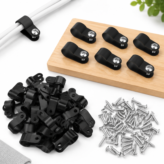Black 3/8 Inch R-Type Cable Clips With Screws, Cable Management Hardware
