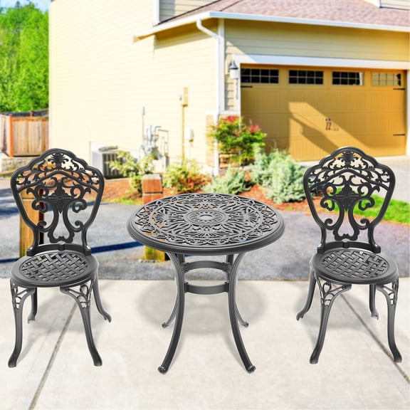 Black 3 All-weather Cast Aluminum Dining Mixture . Elaborate Carving Work, Magnificent Display. 100% Build, And Stable. To Challenging Circumstances. Ergonomic Seating Enjoyment. Pa66 Nylon Slip