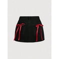 thumbnail image 1 of Black 3 Bow-Adorned Denim Mini Skirt With Red Ribbon Pockets, 1 of 8