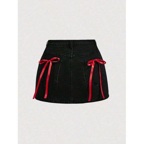 Black 3 Bow-Adorned Denim Mini Skirt With Red Ribbon Pockets