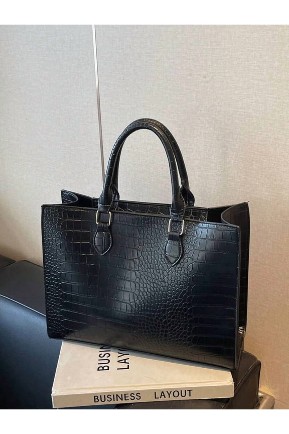 Black-3 Croc-Embossed Structured Tote Bag With Dual Top Handles