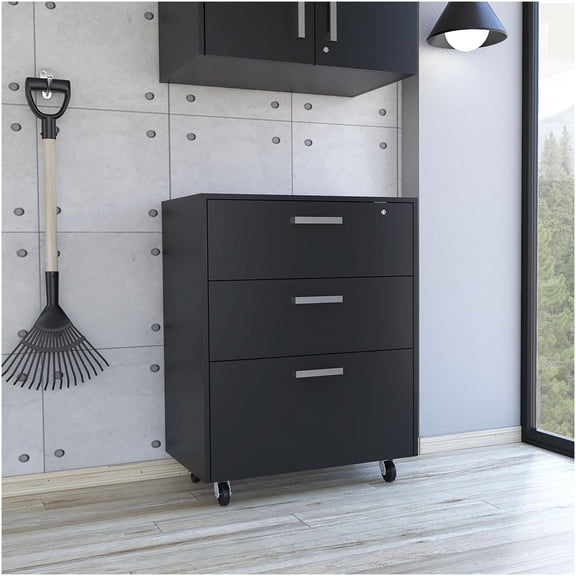 Black 3-Drawer Rolling Storage Cabinet with Lock, Mobile Organizer Cart for Home Office, Modern Melamine Finish