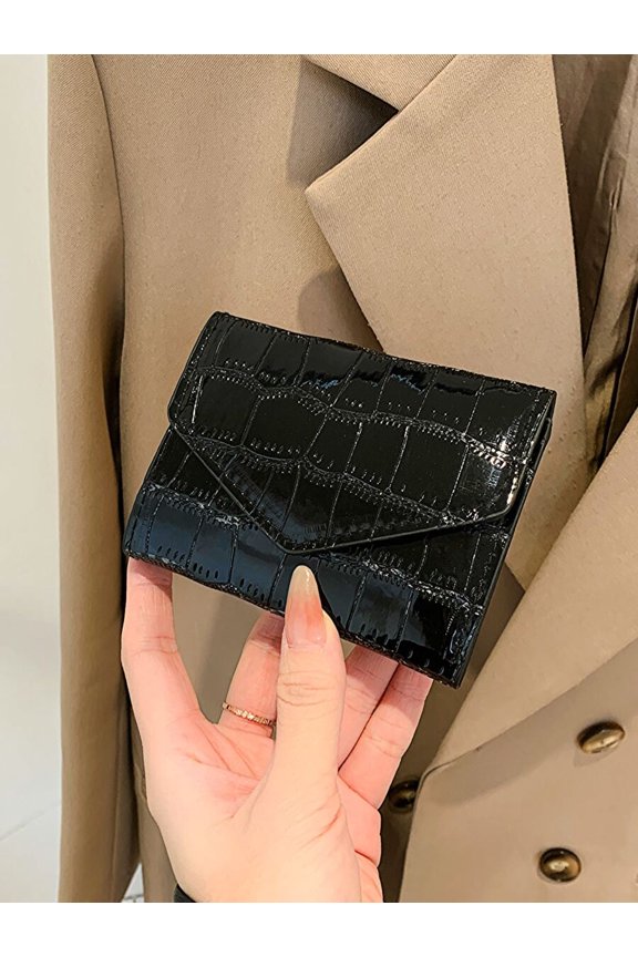 Black-3 Glossy Croc-Embossed PU Leather Envelope Mini Bifold Wallet