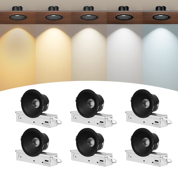 Black 3 Inch Recessed LED Lights, Anti-Glare COB Canless Ceiling Spotlight, 5CCT Selectable 2700K-6000K, 130LM/W, 12W, RA95 Small Exterior Soffit, Dimmable, ETL, IP44 Damp Rated, 6-Pack