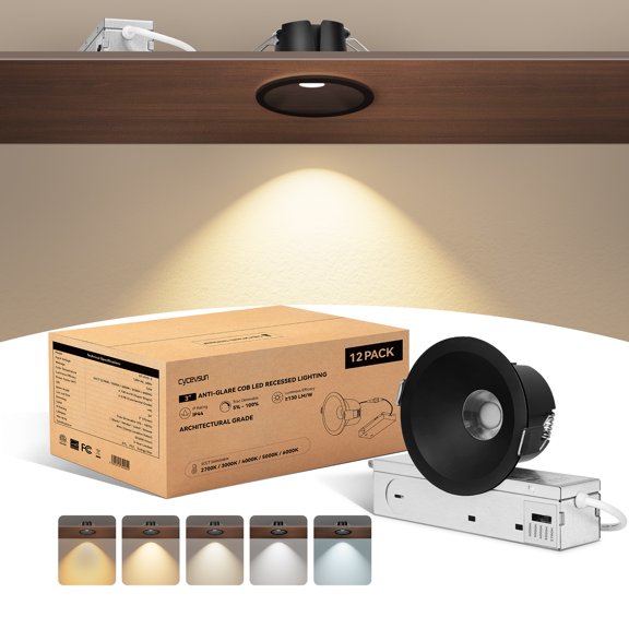 Black 3 Inch Recessed LED Lights, Anti-Glare COB Ceiling Spotlight, 5CCT Selectable, 130LM/W, 12W, RA95 Small Exterior Soffit Lights, Dimmable, ETL, IP44 Damp Rated Shower Light, 12-Pack