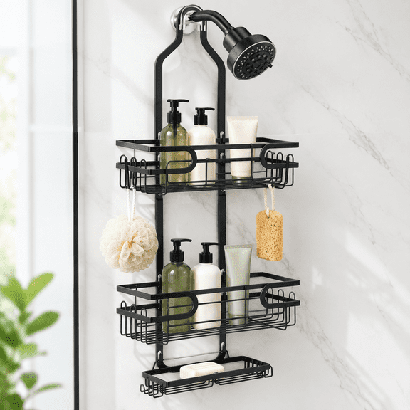 Black 3-Layer Overhead Shower Storage Basket With Hooks For Bathroom And Kitchen