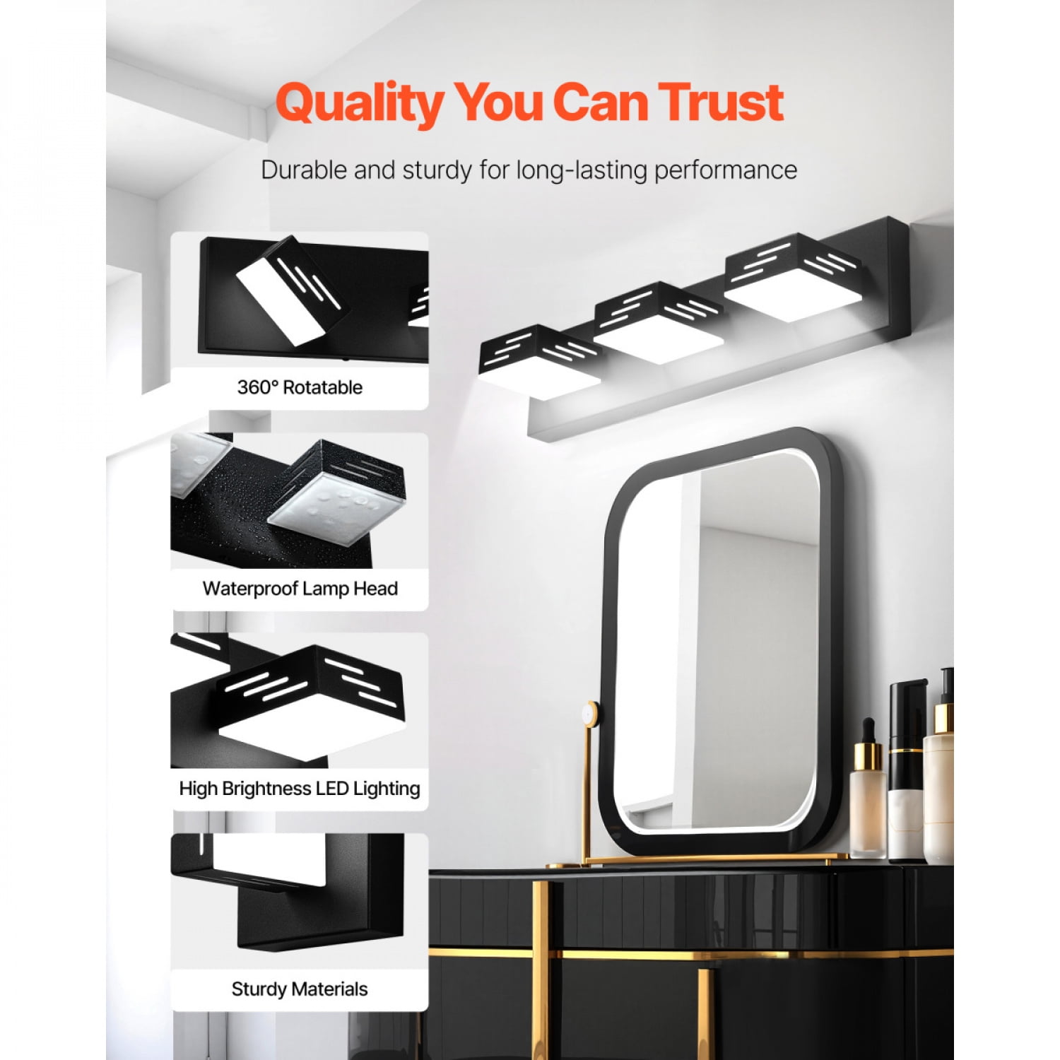 Black 3 Light LED Modern Bathroom Vanity Light Fixtures 19.69 Inch IP44 Waterproof 360 °   Rotatable Wall Light For Makeup Shaving