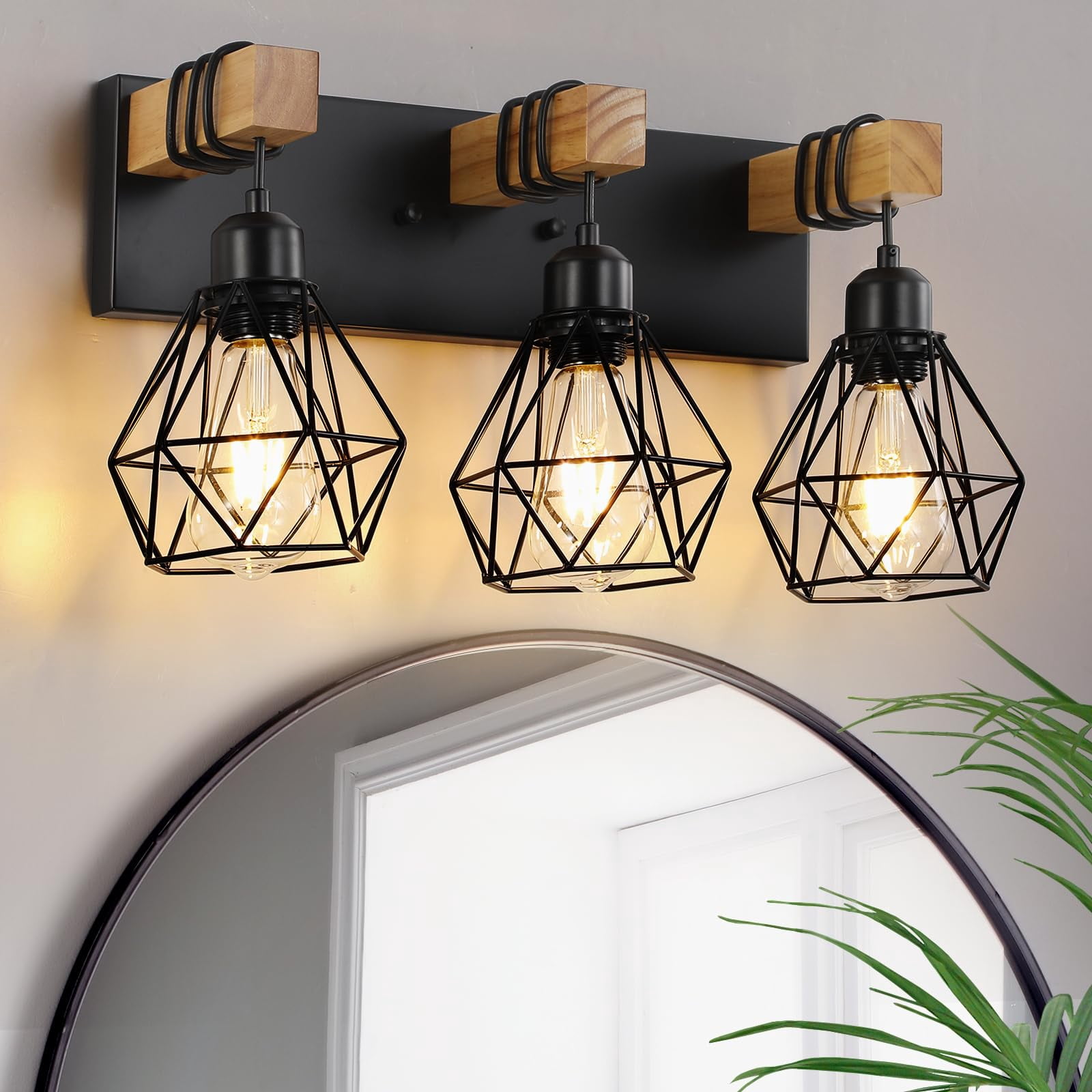 Black 3-Light Vanity Light Wood Metal Wall Fixture For Bathroom Bedroom Living Room Hallway