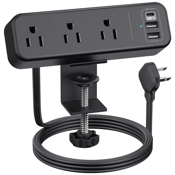 Black 3 Outlet Desk Clamp Power Distribution Unit with 6.5 Ft Extension Cord