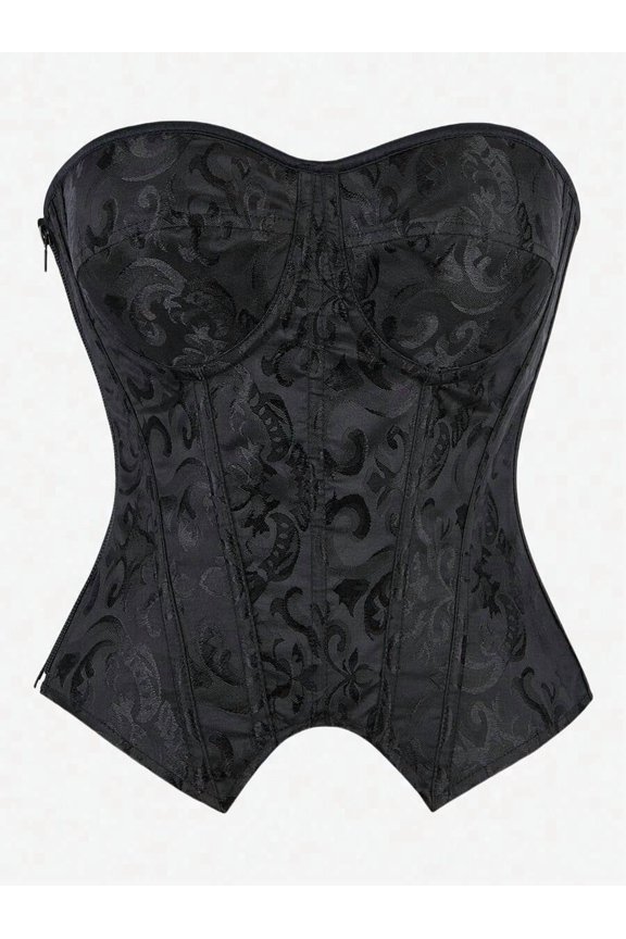 Black-3 Overbust Corset Bustier Strapless Shapewear With Floral Jacquard Pattern