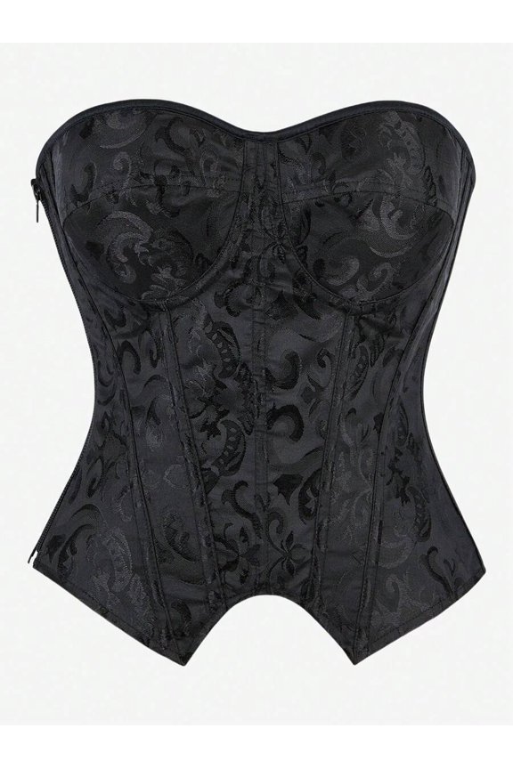 Black-3 Overbust Corset Bustier Strapless Shapewear With Floral Jacquard Pattern