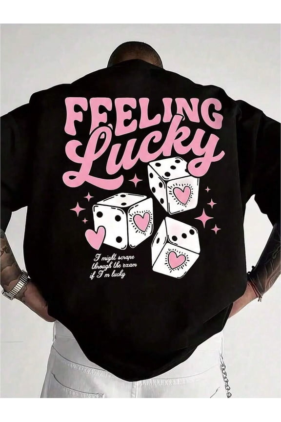 Black 3 Oversized Graphic Short Sleeve T-Shirt With Pink Feeling Lucky Dice Print, Streetwear Loose Fit Tee For Men
