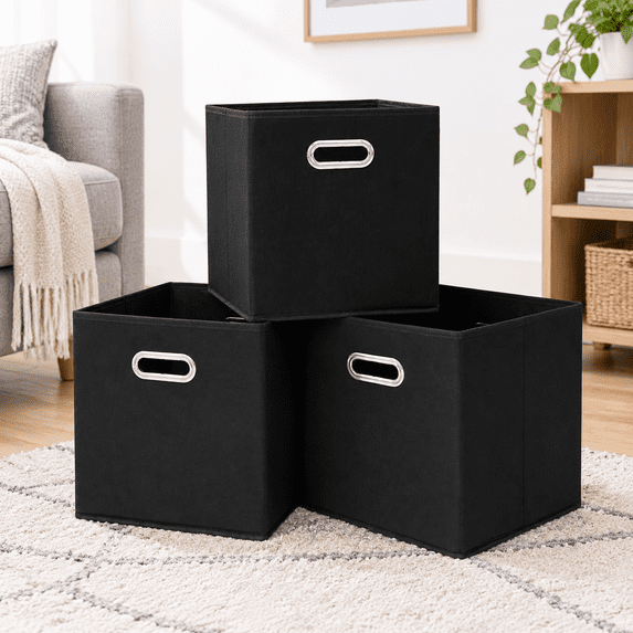 Black 3 Pack Fabric Cube Storage Bins, 13x13x13 Inch Foldable Organizer ...