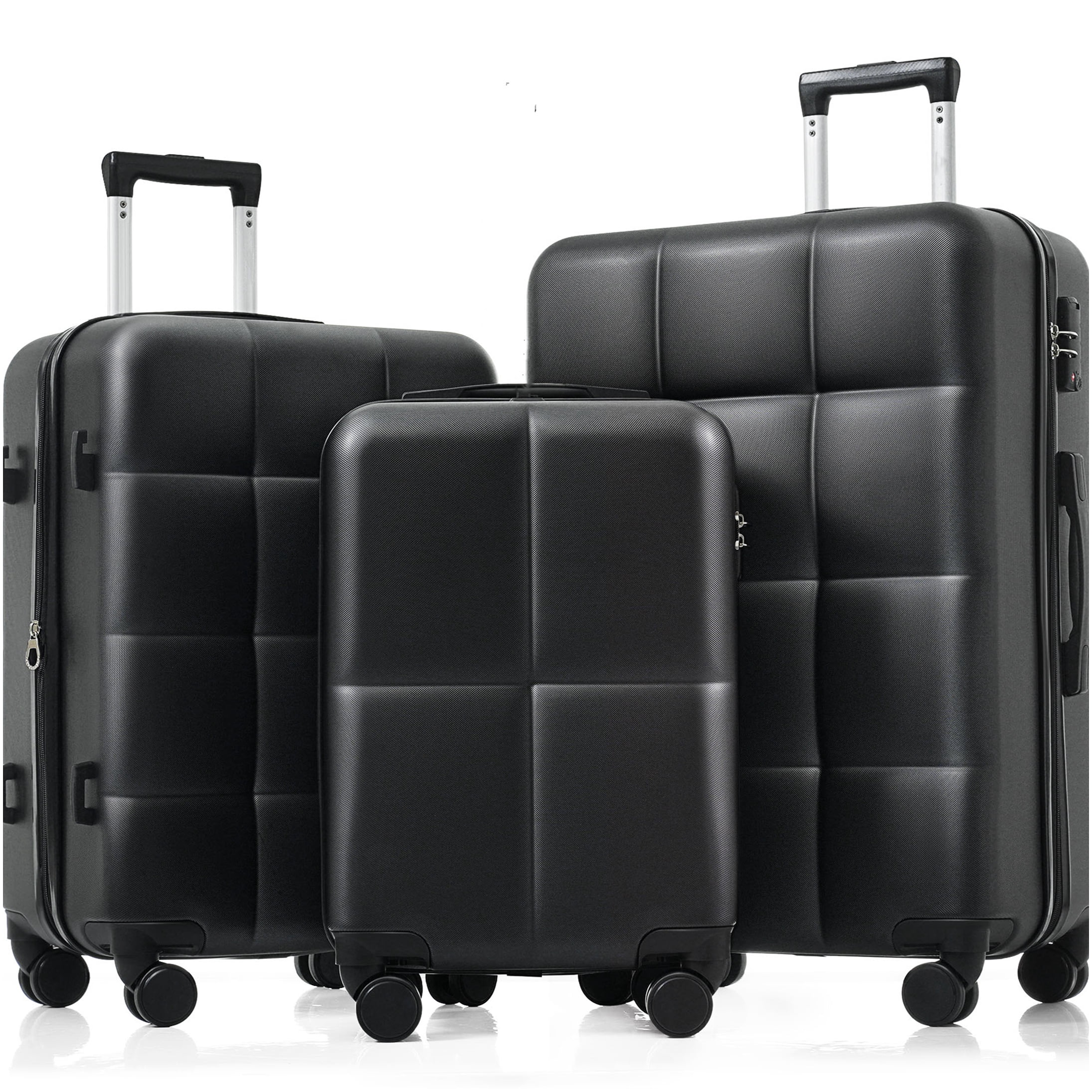 Black 3-Piece ABS Hard Shell Luggage Set with Cup Holder, 360° Spinner Wheels, Airline Approved Carry-On Suitcase