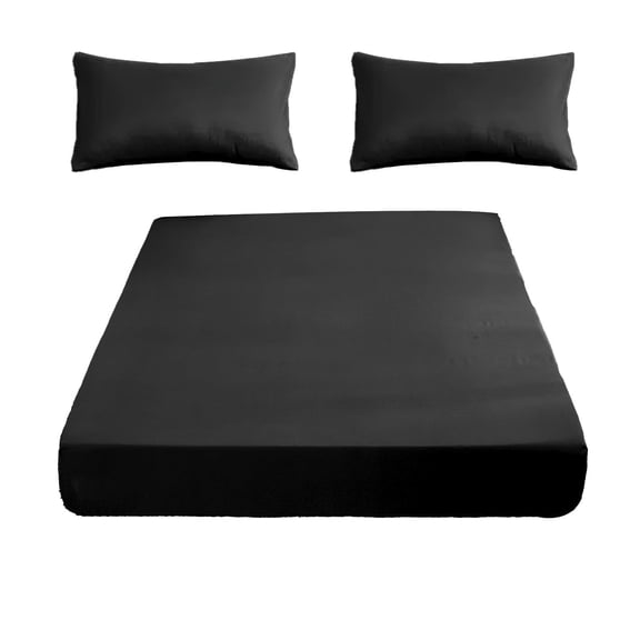 Black 3-Piece Bedding Set Fitted Sheet And Pillowcases Double Bed Full Elastic Edge Non-Slip Soft Comfortable Fabric
