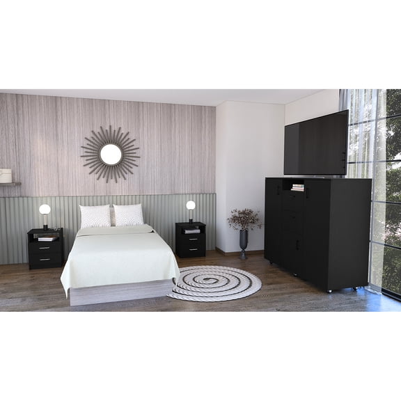 Black 3 Piece Bedroom Setup: Double Door Cabinet & 2 Nightstands, Enabling Seamless Assembly Process Arrangement In Black: Dresser Featuring Effortless Options