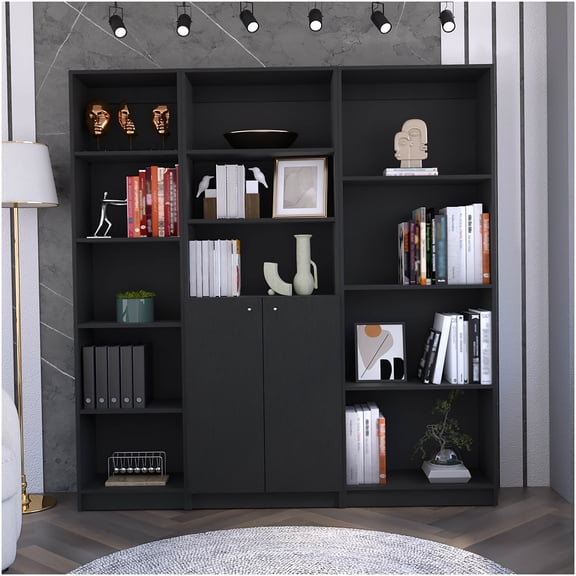 Black 3-Piece Bookcase Set with Cabinet, 12 Shelves Storage Organizer for Living Room, Home Office Library Furniture