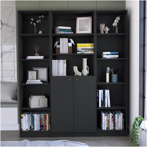 Black 3-Piece Bookcase Set with Cabinet, 60" Wide Storage Shelf System for Living Room, Office