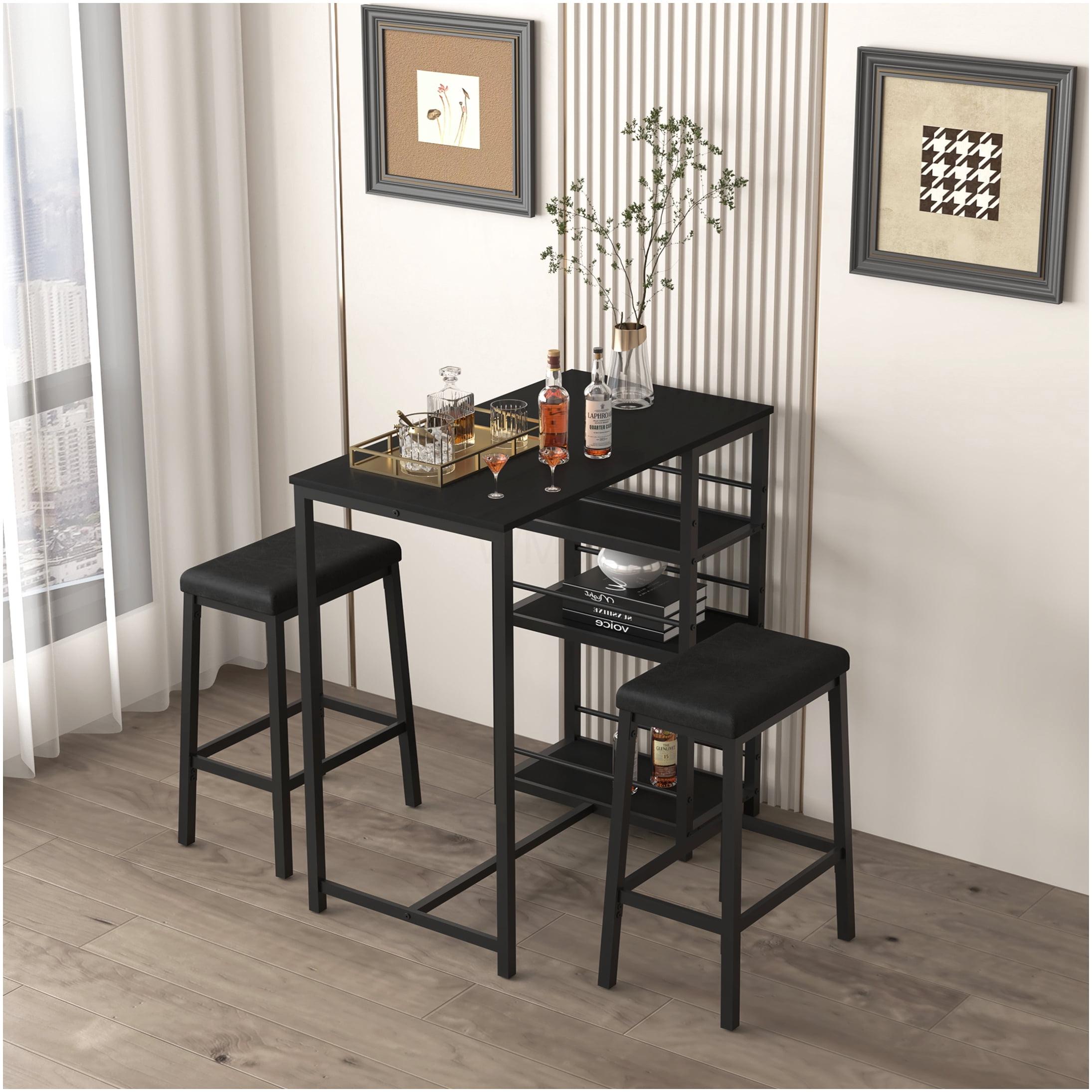 Black 3-Piece Dining Table Set with Storage Shelves, PU Leather ...