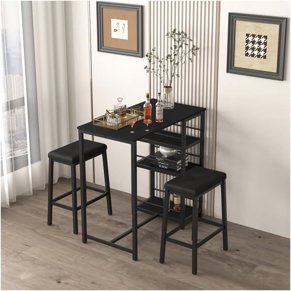 Black 3-Piece Dining Table Set with Storage Shelves, PU Leather ...